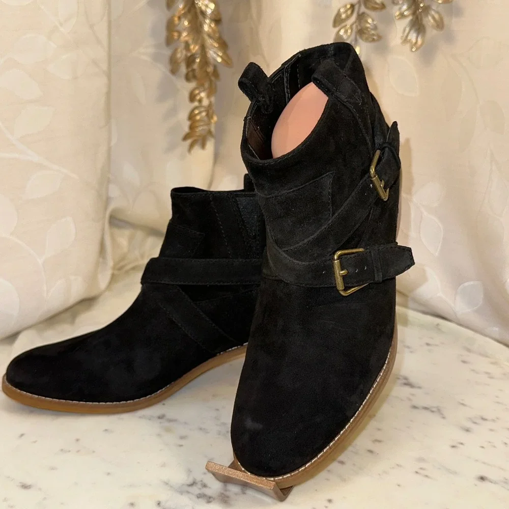 Cole Haan Grand OS‎ Black Suede Buckle Ankle Boots Women's Size 8.5B